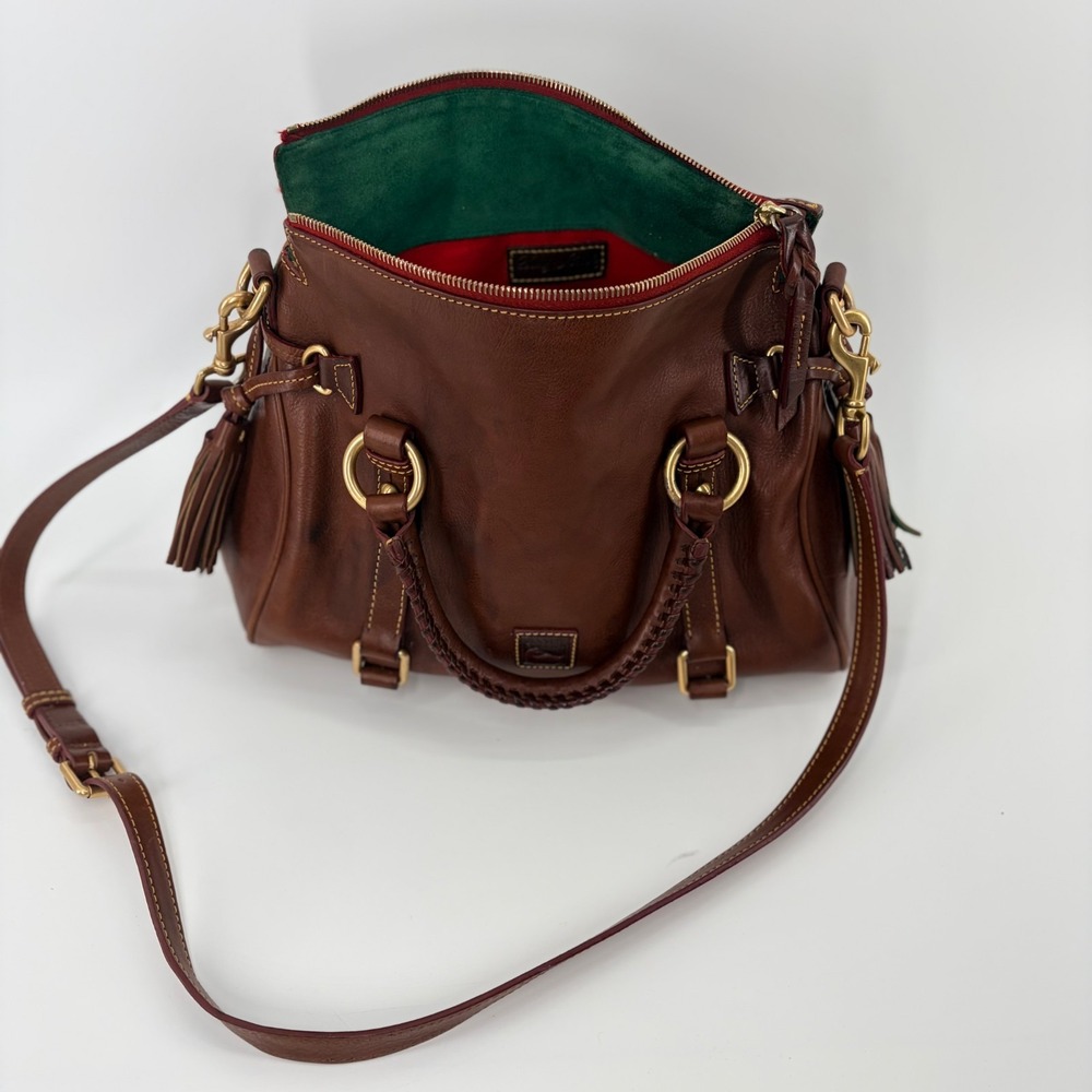 Dooney & Bourke Large Florentine Leather Satchel Chestnut Tassel Strap - Picture 4 of 16